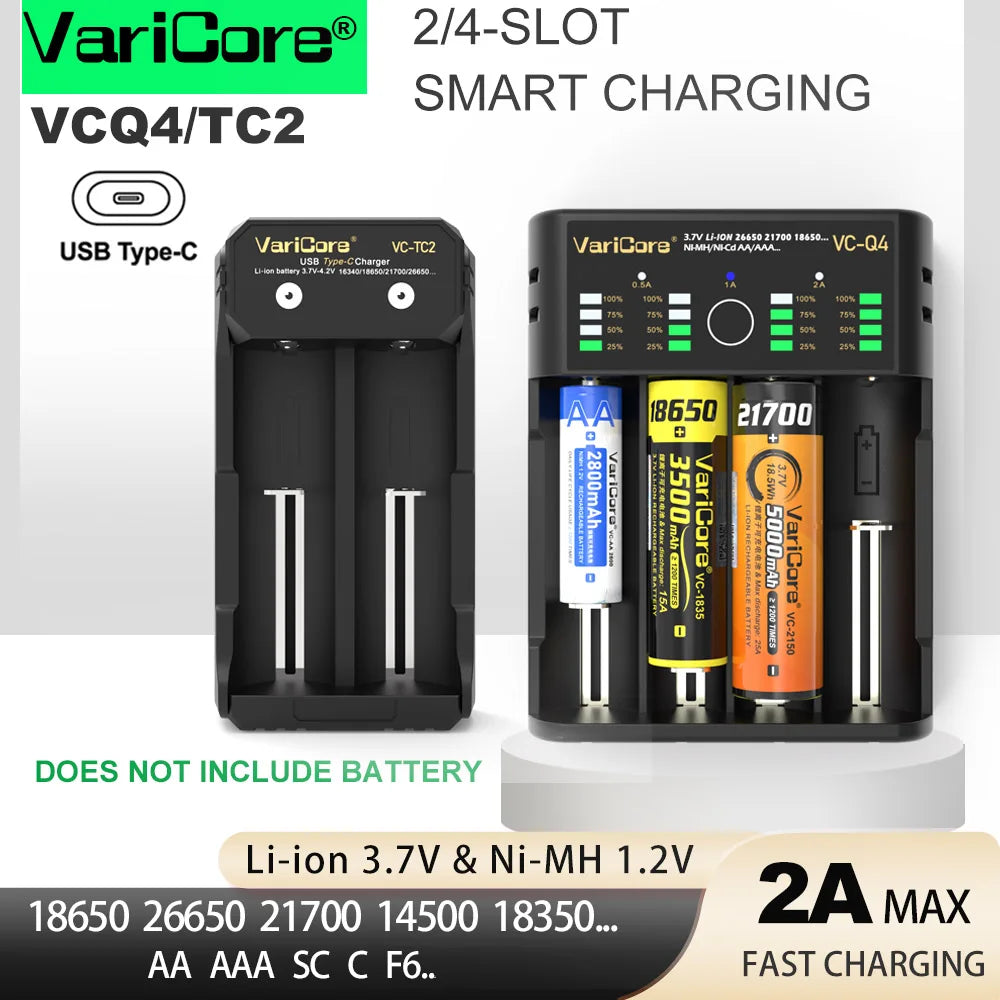VCQ4 4-Slot Intelligent Battery Charger Portable for 3.7V Lithium 18650 26650 21700 18500 18350 1.2V NI-MH Ni-Cd AA AAA