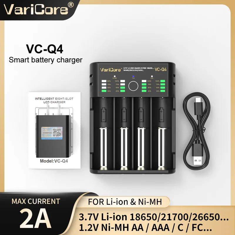 VCQ4 4-Slot Intelligent Battery Charger Portable for 3.7V Lithium 18650 26650 21700 18500 18350 1.2V NI-MH Ni-Cd AA AAA
